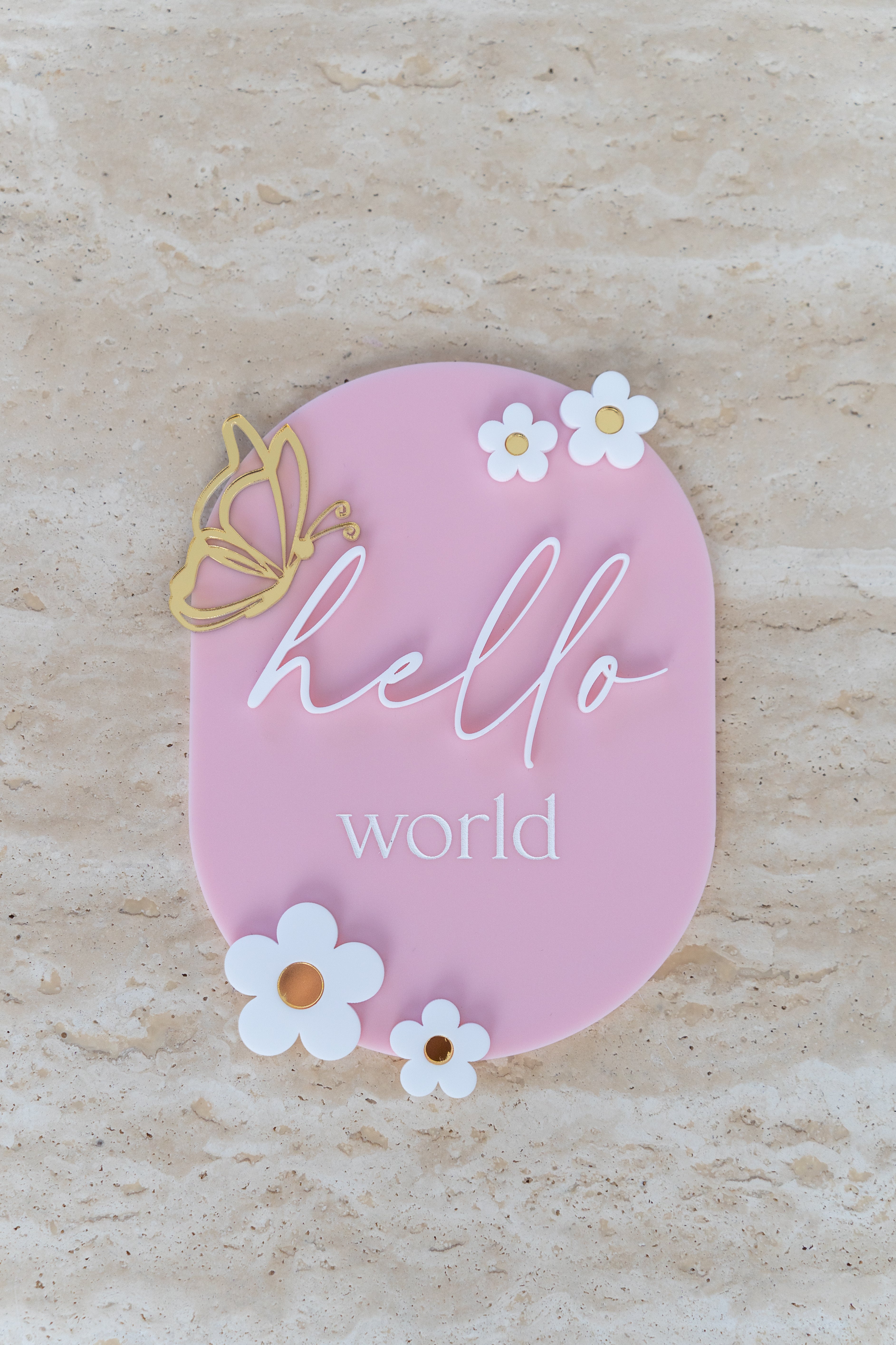 Floral 'Hello World' Announcement Plaque